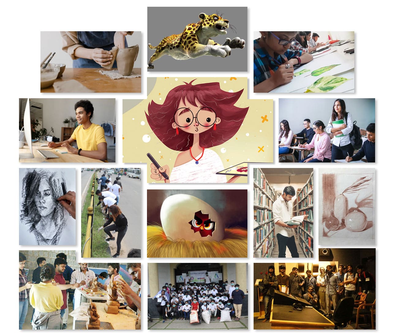 Collage of animation college campus and bsc animation and vfx students work portfolio