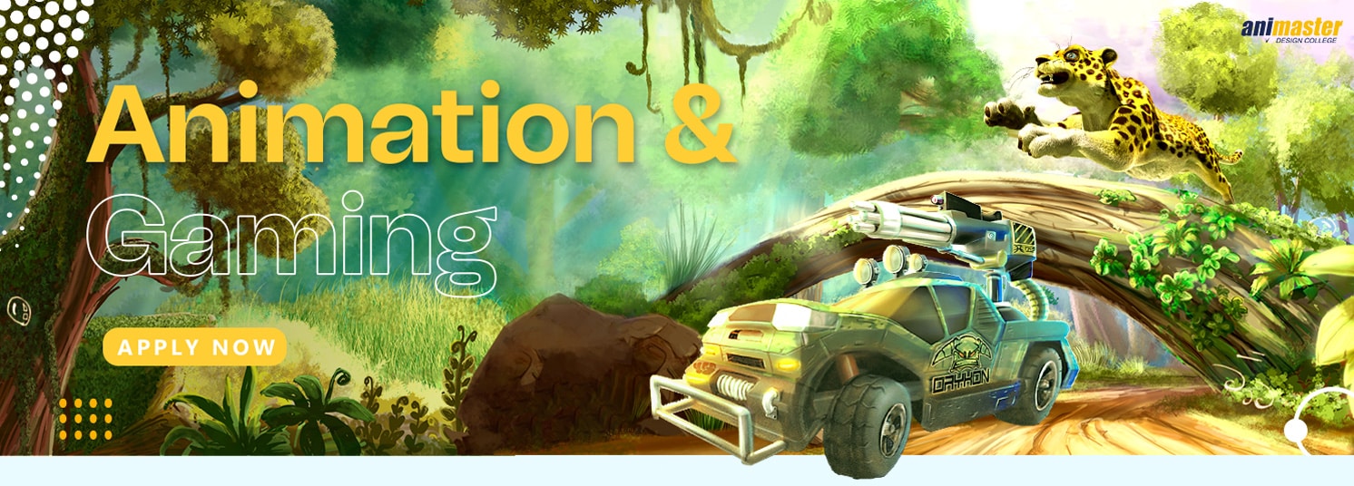 animation college banner with an animated panther leaping over an old tree trunk and an armored gaming jeep in the forest