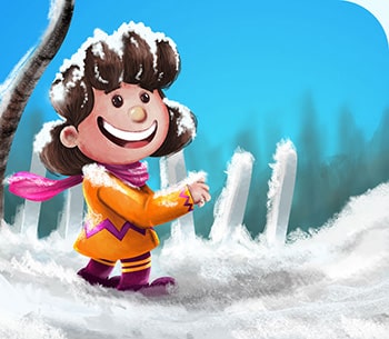 animation degree banner of a happy girl wearing an orange coat and purple muffler and walking in the snow