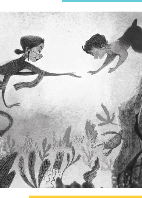 pencil and charcoal animation sketch of a mother and child underwater done by students of BSc animation and multimedia