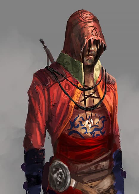 animated sketch of an armed gaming character in red hooded coat done by a student of BSc animation and vfx