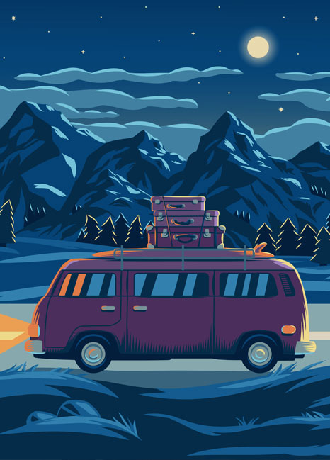 animated sketch of a purple bus traveling through the countryside at night done by a student of the Bsc graphic design
