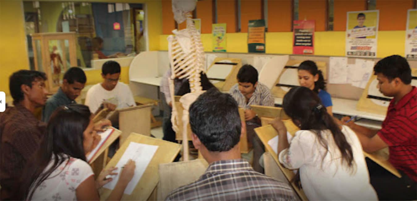 students engaged in live drawing of human bone structure at animation college