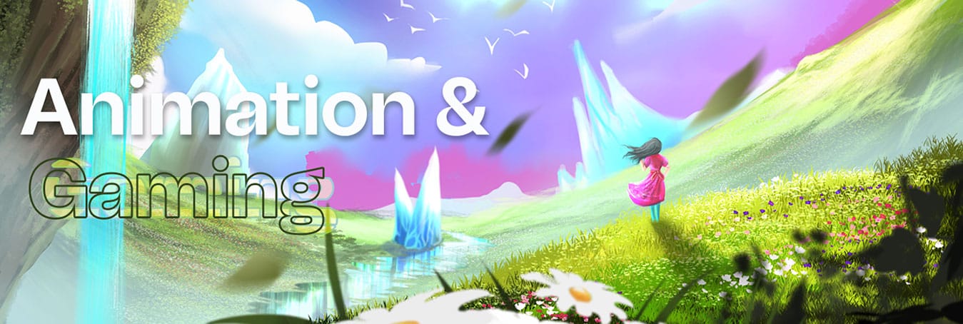 animation college banner with an animated panther leaping over an old tree trunk and an armored gaming jeep in the forest