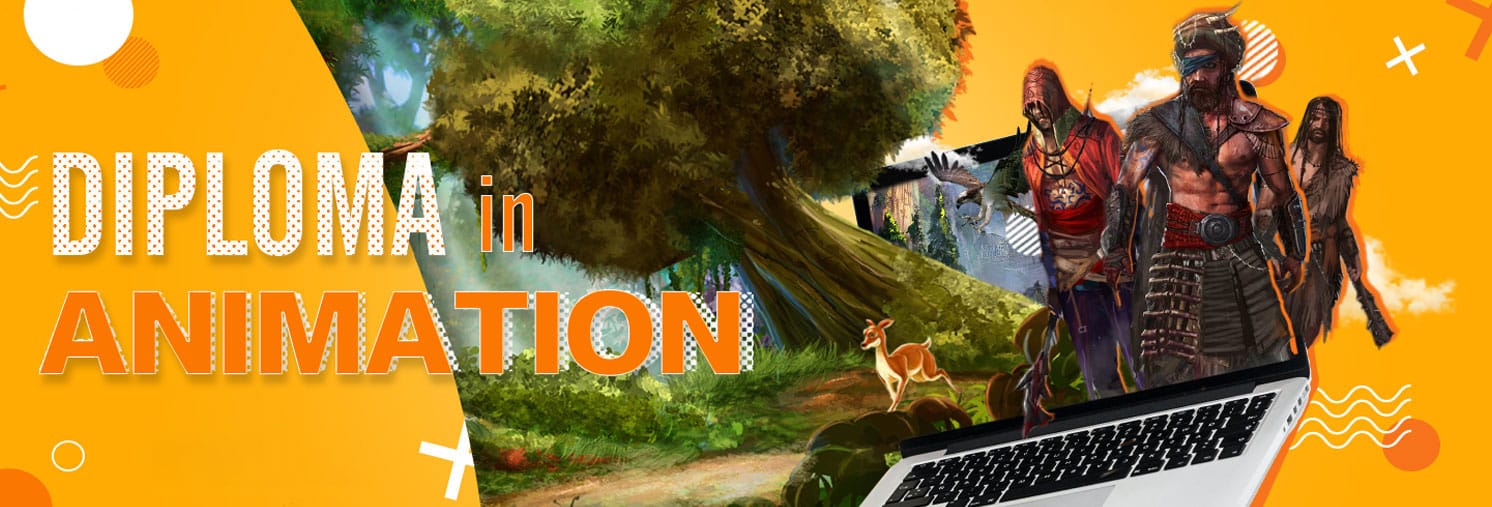 animation college banner with an animated panther leaping over an old tree trunk and an armored gaming jeep in the forest