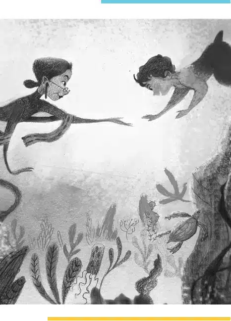 pencil and charcoal animation sketch of a mother and child underwater done by students of BSc animation vfx