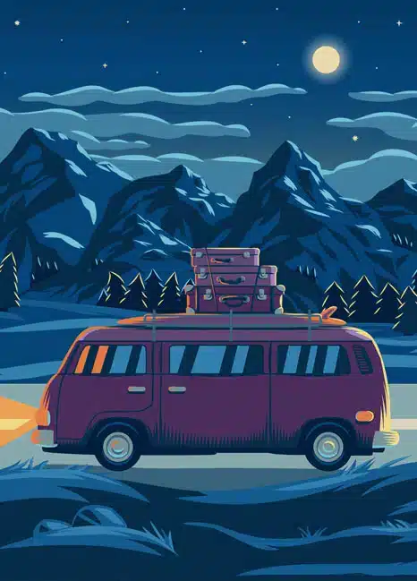 animated sketch of a purple bus traveling through the countryside at night done by a student of the Bsc 3D Animation course