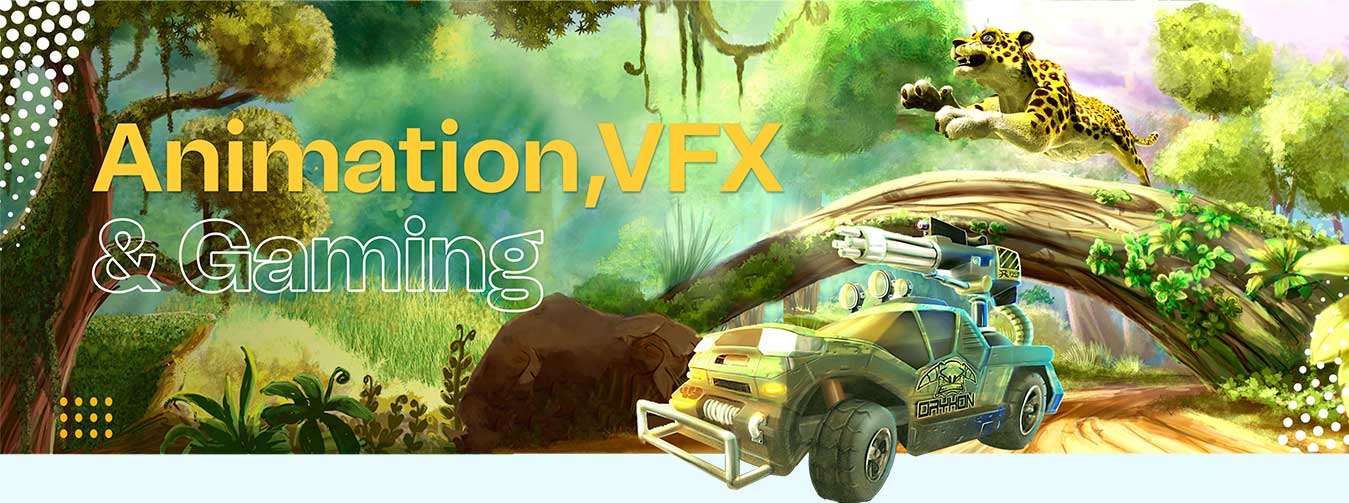 animation college banner with an animated panther leaping over an old tree trunk and an armored gaming jeep in the forest