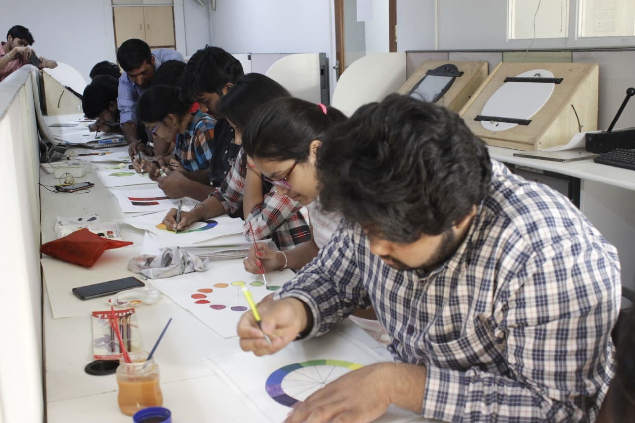 Students sitting and practicing drawing - Animaster Design College, Bangalore