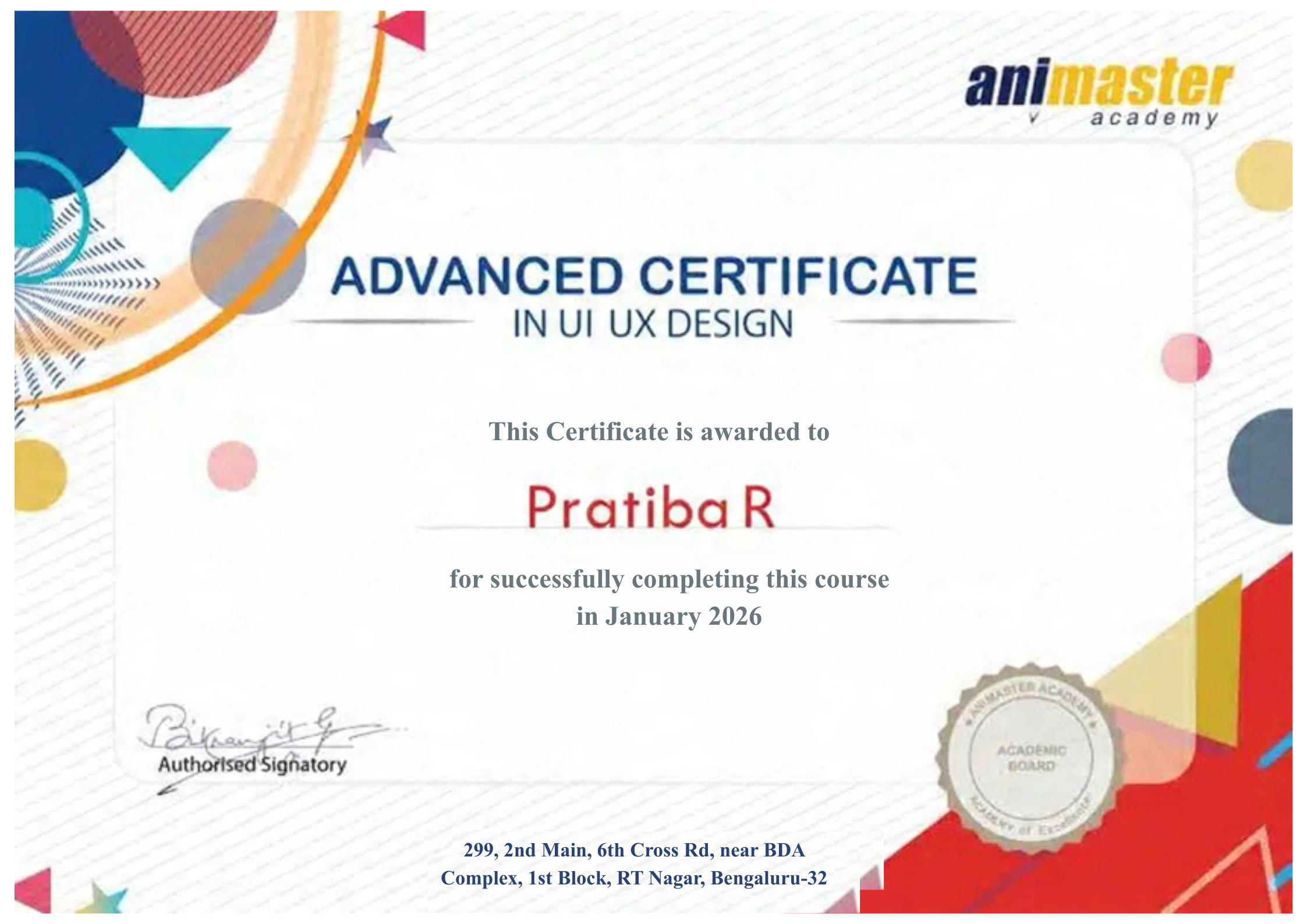 Our sample Graphic Design Course Certificate - Graphic Design Courses in Bangalore at Animaster Design College