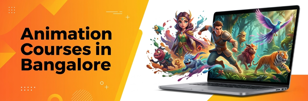 animation college banner with an animated panther leaping over an old tree trunk and an armored gaming jeep in the forest