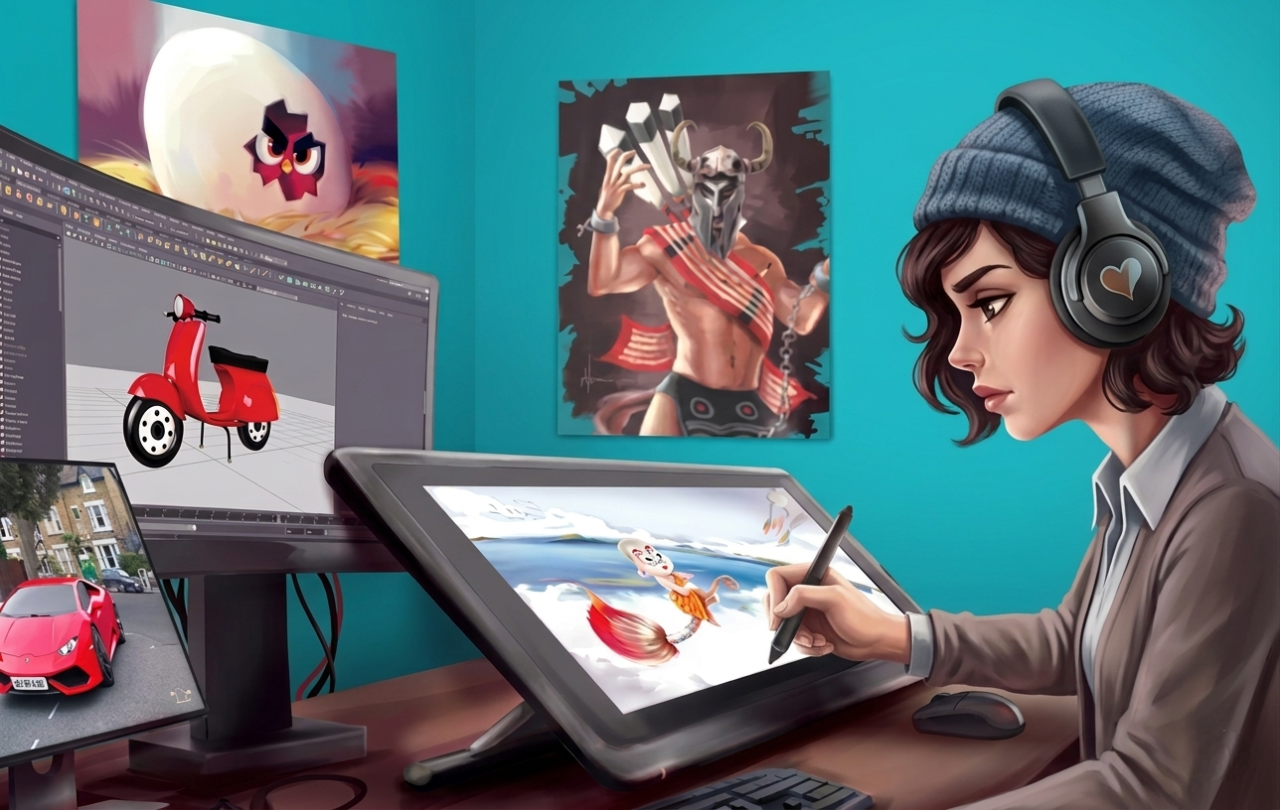 Page banner of a happy girl wearing a grey coat and blue beanie and drawing - Diploma in Animation, Multimedia and VFX - Animaster Design College, RT Nagar, Bangalore